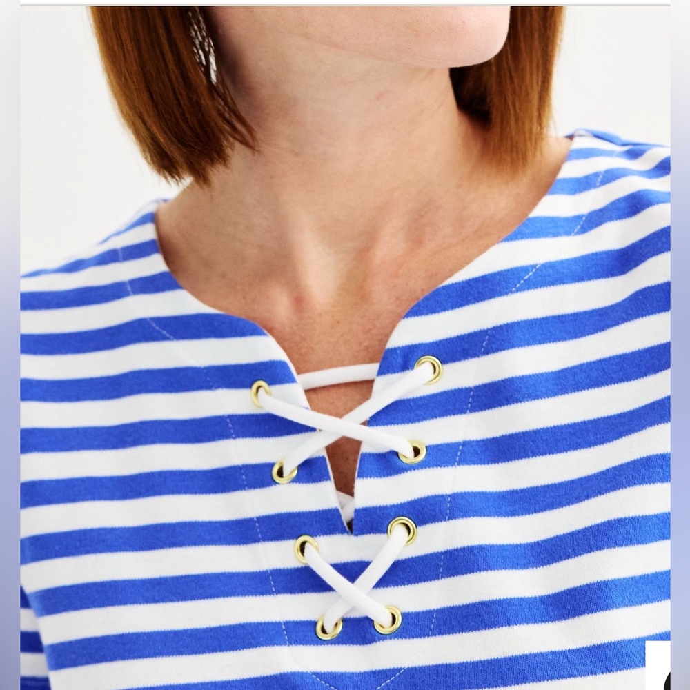NEW Woman’s Croft & Barrows Knit Lace-Up Neck T-Shirt Blue/White Striped Dress S - Picture 3 of 6